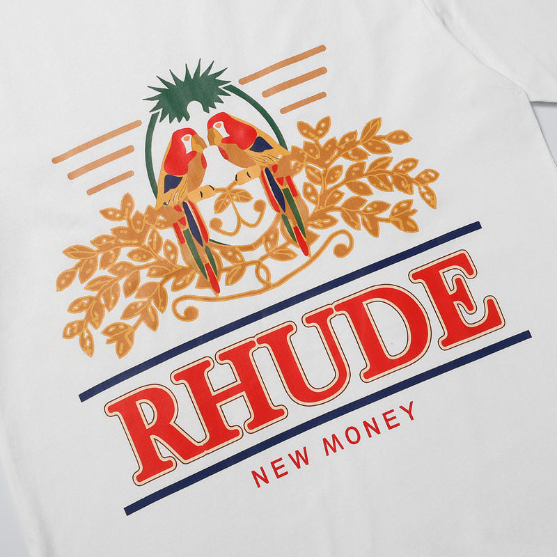 RHUDE Summer Macaw Flower Slogan Short Sleeve T-Shirt